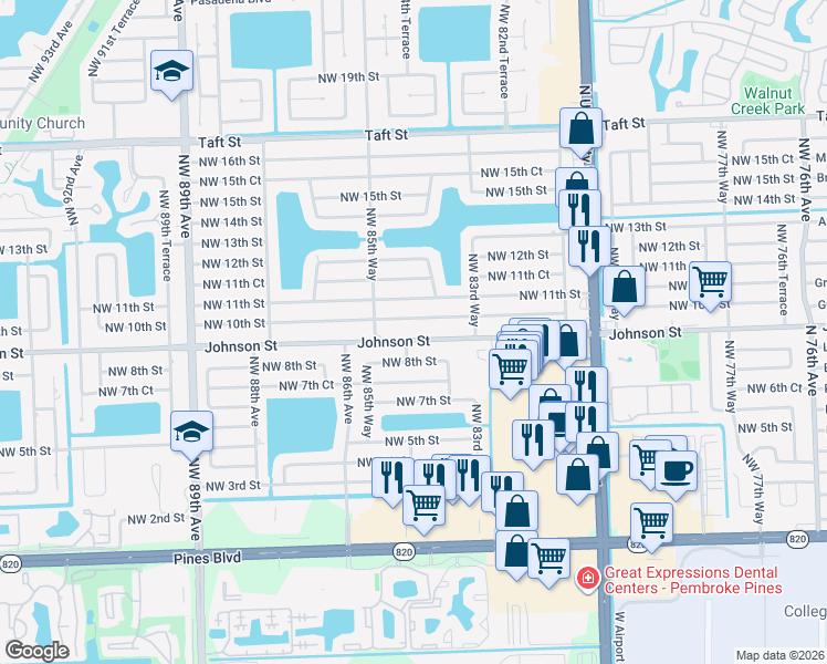 map of restaurants, bars, coffee shops, grocery stores, and more near 8500 Johnson Street in Pembroke Pines