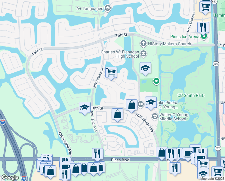 map of restaurants, bars, coffee shops, grocery stores, and more near 1145 Northwest 132nd Avenue in Pembroke Pines