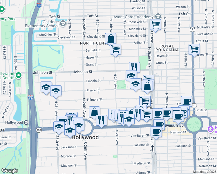 map of restaurants, bars, coffee shops, grocery stores, and more near 2422 Pierce Street in Hollywood