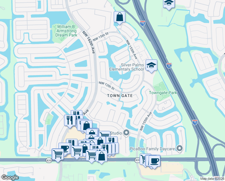 map of restaurants, bars, coffee shops, grocery stores, and more near 15843 Northwest 10th Street in Pembroke Pines
