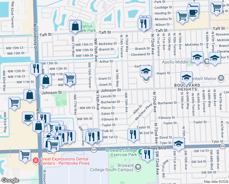 map of restaurants, bars, coffee shops, grocery stores, and more near 7490 Lincoln Street in Hollywood