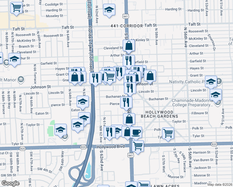 map of restaurants, bars, coffee shops, grocery stores, and more near 6038 Buchanan Street in Hollywood