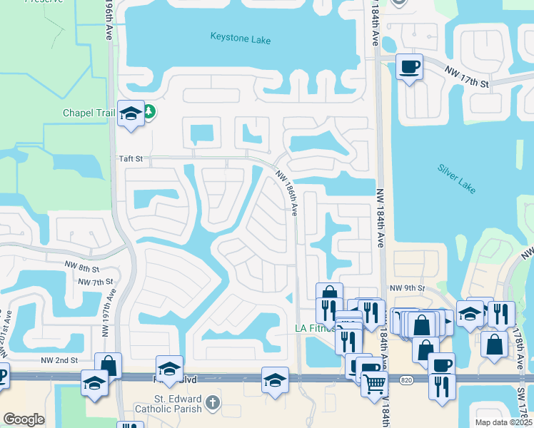 map of restaurants, bars, coffee shops, grocery stores, and more near 19103 Northwest 12th Court in Pembroke Pines