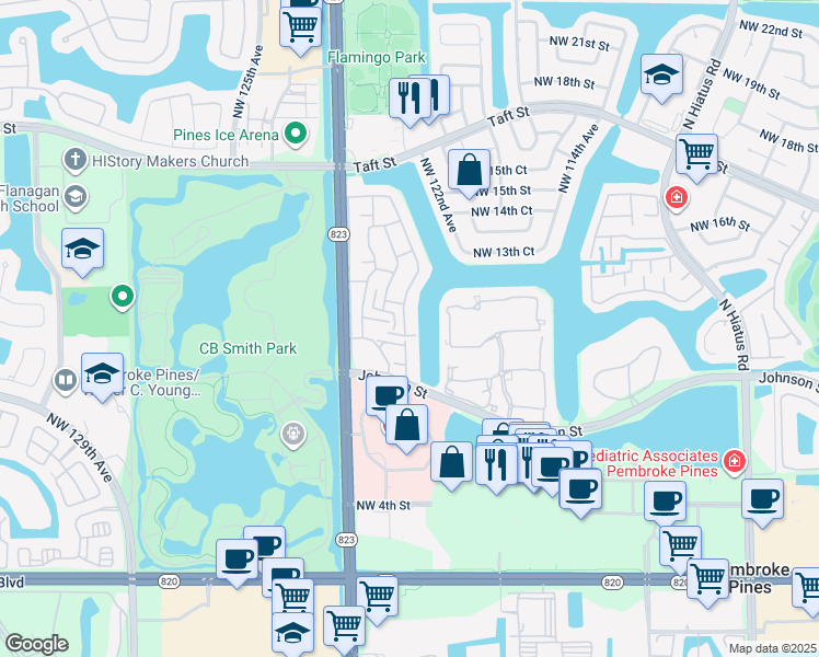 map of restaurants, bars, coffee shops, grocery stores, and more near 12241 Northwest 11th Street in Pembroke Pines
