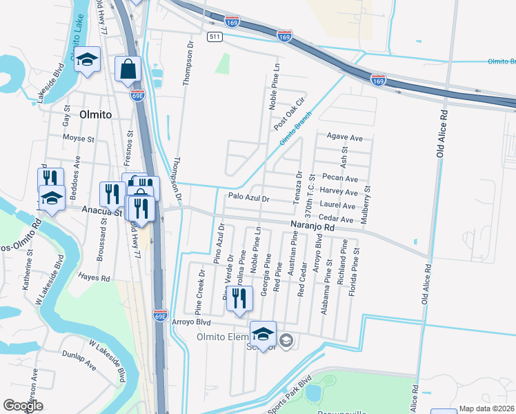 map of restaurants, bars, coffee shops, grocery stores, and more near 6745 Tenaza Drive in Brownsville