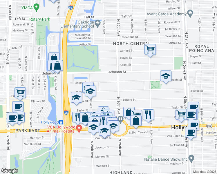 map of restaurants, bars, coffee shops, grocery stores, and more near 2633 Pierce Street in Hollywood