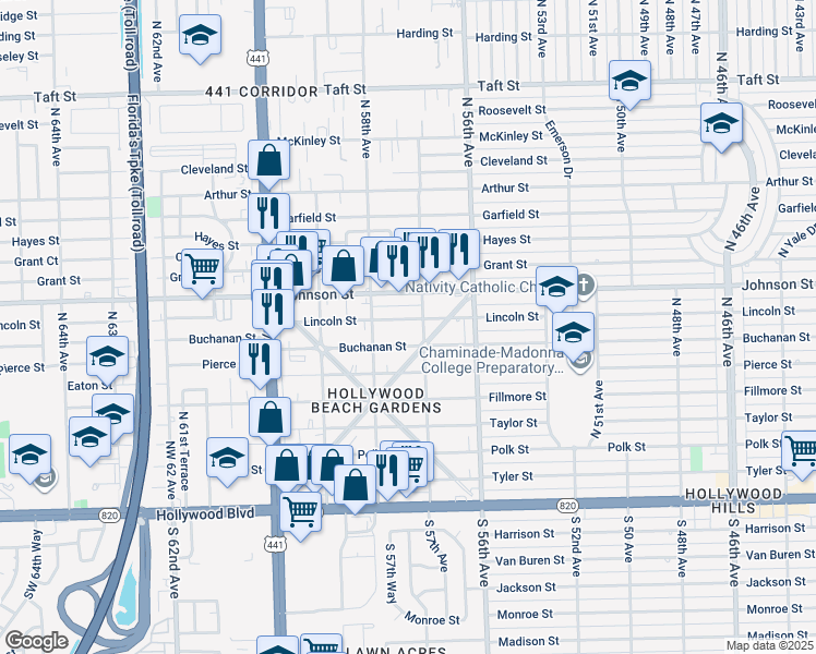 map of restaurants, bars, coffee shops, grocery stores, and more near 5711 Buchanan Street in Hollywood