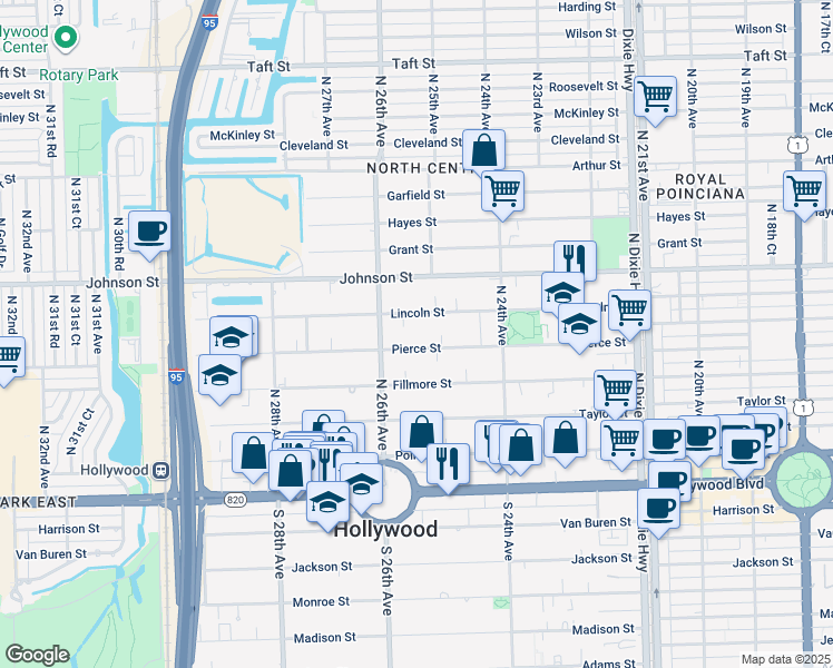 map of restaurants, bars, coffee shops, grocery stores, and more near 2521 Pierce Street in Hollywood