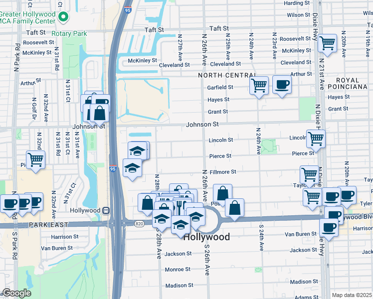 map of restaurants, bars, coffee shops, grocery stores, and more near 2704 Pierce Street in Hollywood