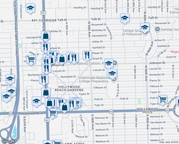 map of restaurants, bars, coffee shops, grocery stores, and more near 5619 Buchanan Street in Hollywood
