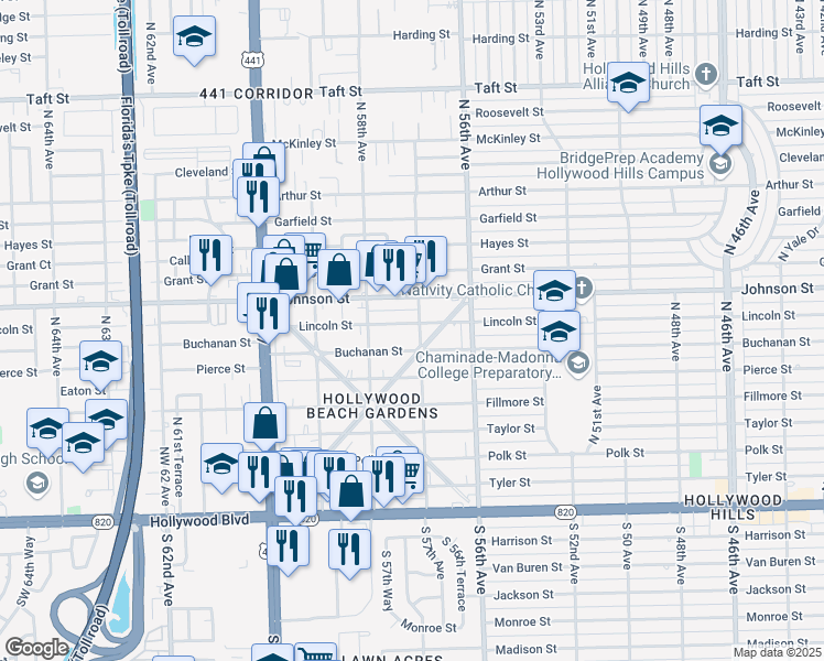 map of restaurants, bars, coffee shops, grocery stores, and more near 5711 Buchanan Street in Hollywood