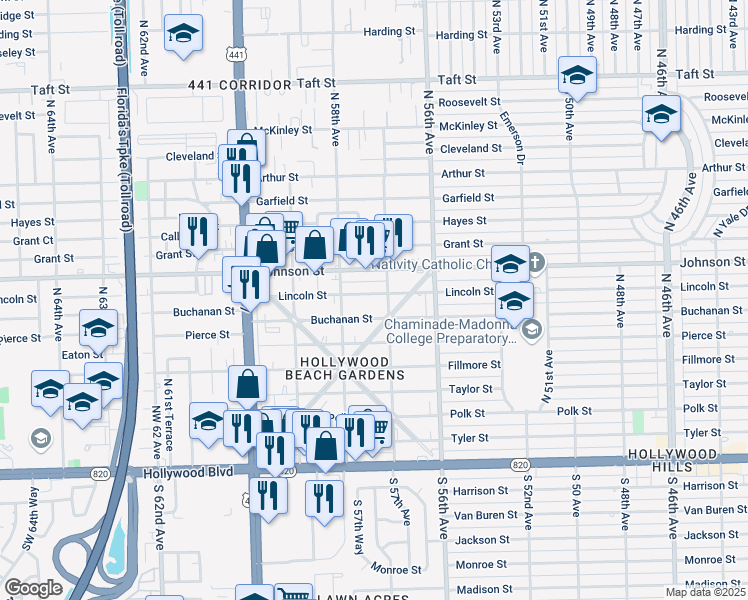 map of restaurants, bars, coffee shops, grocery stores, and more near 5711 Buchanan Street in Hollywood