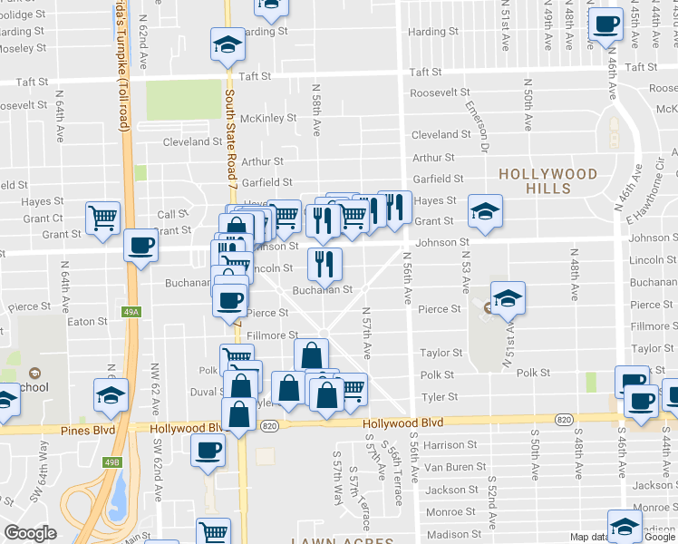 map of restaurants, bars, coffee shops, grocery stores, and more near 5743 Buchanan Street in Hollywood