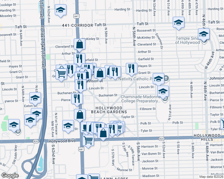 map of restaurants, bars, coffee shops, grocery stores, and more near 5743 Buchanan Street in Hollywood