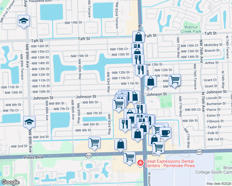 map of restaurants, bars, coffee shops, grocery stores, and more near 8200 Johnson Street in Pembroke Pines
