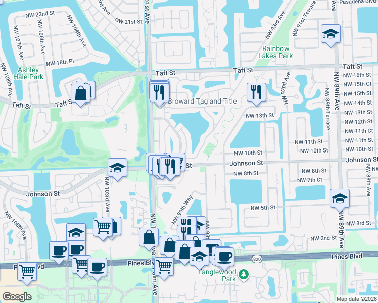 map of restaurants, bars, coffee shops, grocery stores, and more near 9800 Northwest 10th Street in Pembroke Pines