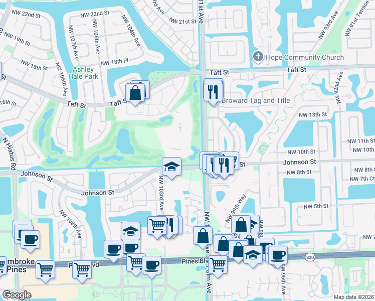 map of restaurants, bars, coffee shops, grocery stores, and more near 1200 Saint Charles Place in Pembroke Pines