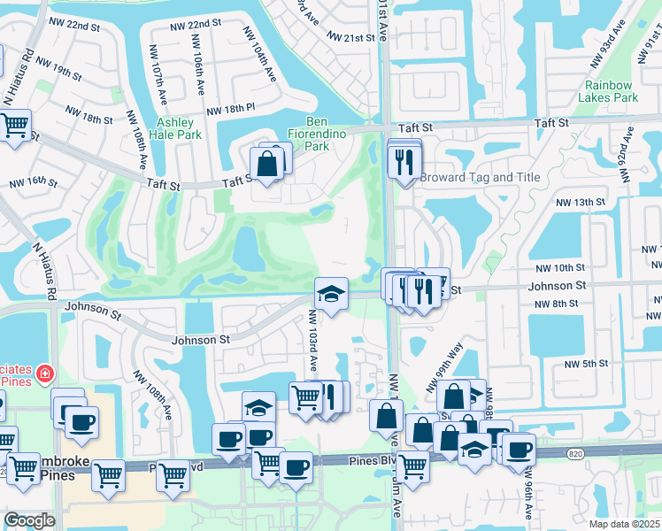 map of restaurants, bars, coffee shops, grocery stores, and more near 1100 Saint Charles Place in Pembroke Pines