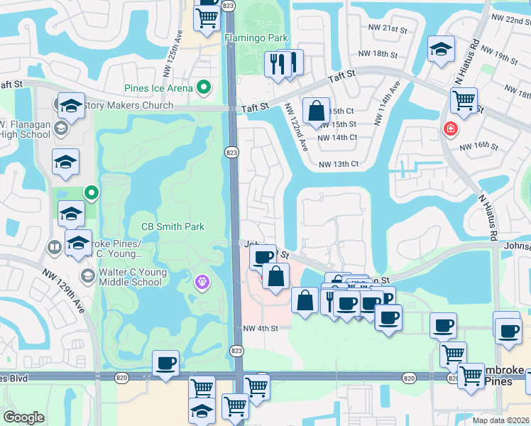 map of restaurants, bars, coffee shops, grocery stores, and more near 12241 Northwest 11th Street in Pembroke Pines