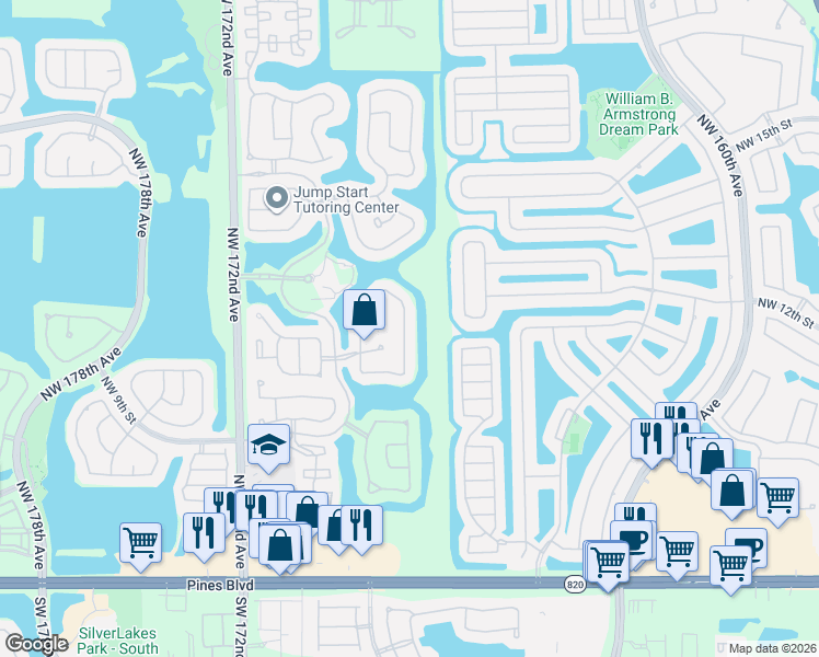 map of restaurants, bars, coffee shops, grocery stores, and more near 1243 Northwest 167th Avenue in Pembroke Pines