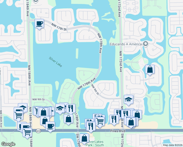 map of restaurants, bars, coffee shops, grocery stores, and more near 17820 Northwest 14th Street in Pembroke Pines