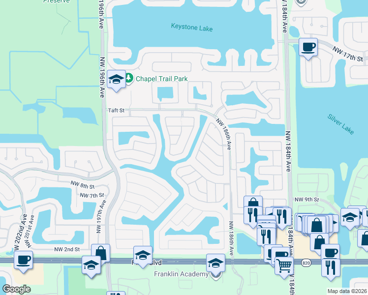 map of restaurants, bars, coffee shops, grocery stores, and more near 1212 Northwest 192nd Avenue in Pembroke Pines