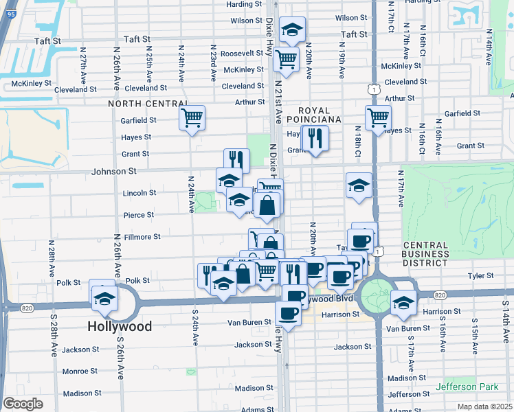 map of restaurants, bars, coffee shops, grocery stores, and more near 2148 Pierce Street in Hollywood