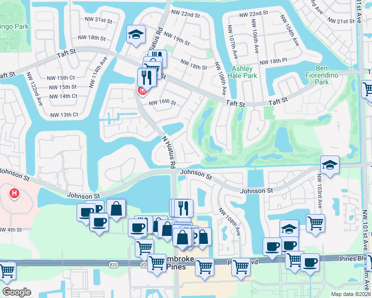 map of restaurants, bars, coffee shops, grocery stores, and more near 1111 Windward Drive in Pembroke Pines