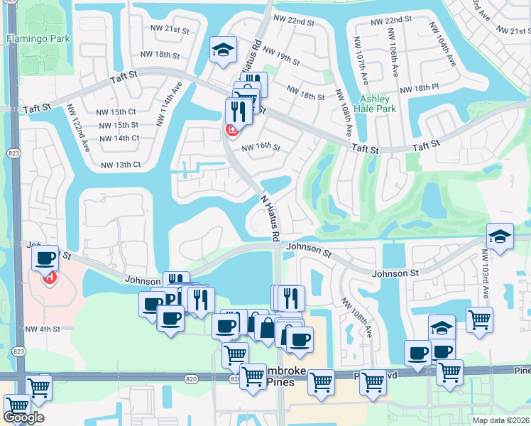 map of restaurants, bars, coffee shops, grocery stores, and more near 1062 North Hiatus Road in Pembroke Pines
