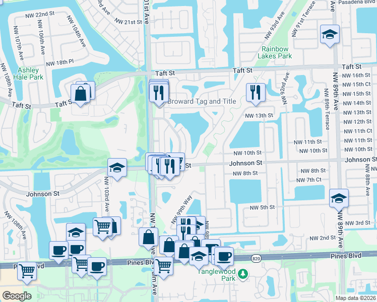 map of restaurants, bars, coffee shops, grocery stores, and more near 9800 Northwest 10th Street in Pembroke Pines