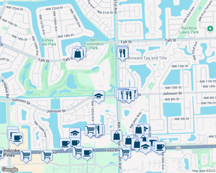 map of restaurants, bars, coffee shops, grocery stores, and more near 1200 Saint Charles Place in Pembroke Pines