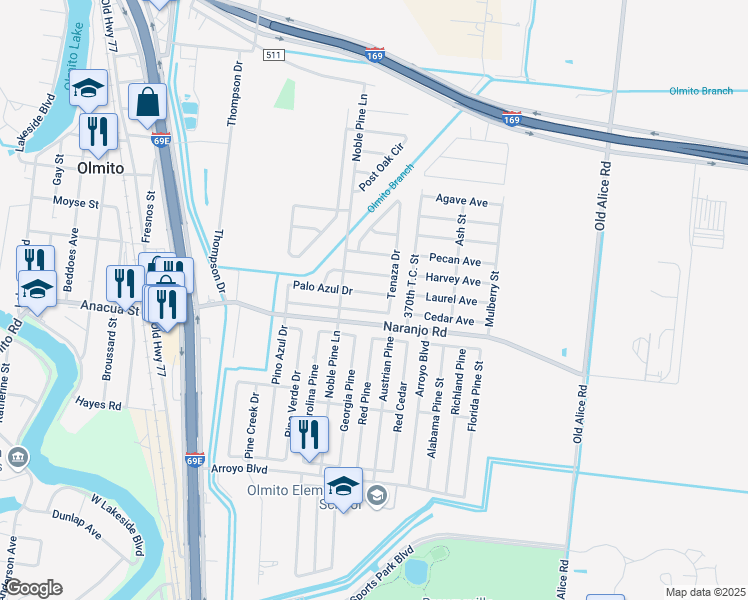 map of restaurants, bars, coffee shops, grocery stores, and more near 6778 Tenaza Drive in Brownsville