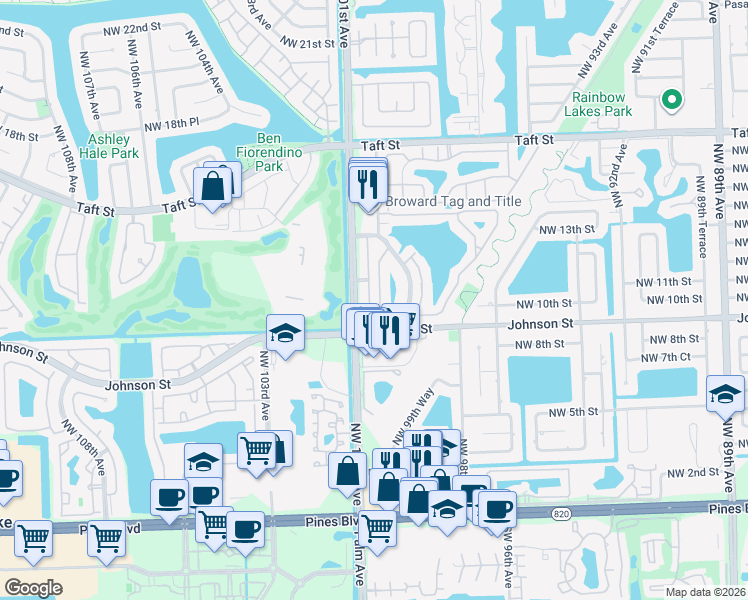 map of restaurants, bars, coffee shops, grocery stores, and more near 1007 Northwest 100th Avenue in Pembroke Pines