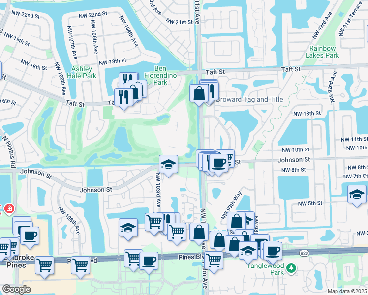 map of restaurants, bars, coffee shops, grocery stores, and more near 1200 Saint Charles Place in Pembroke Pines