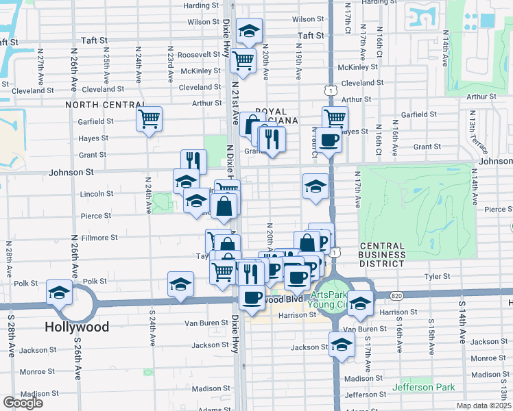map of restaurants, bars, coffee shops, grocery stores, and more near 2028 Pierce Street in Hollywood