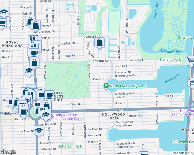 map of restaurants, bars, coffee shops, grocery stores, and more near 520 North 13th Avenue in Hollywood