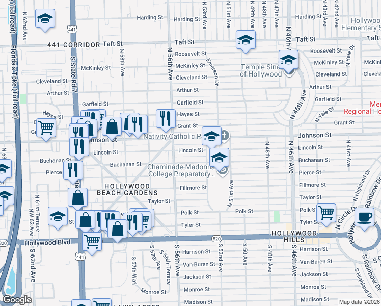 map of restaurants, bars, coffee shops, grocery stores, and more near 5501 Buchanan Street in Hollywood