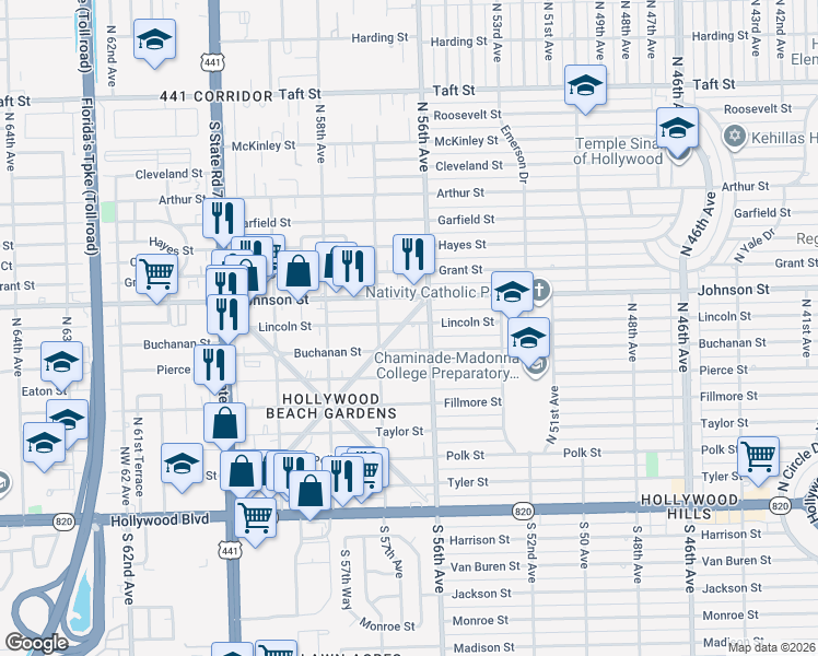 map of restaurants, bars, coffee shops, grocery stores, and more near 5617 Buchanan Street in Hollywood