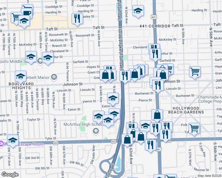 map of restaurants, bars, coffee shops, grocery stores, and more near 37 North 63rd Avenue in Hollywood