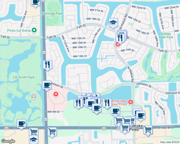 map of restaurants, bars, coffee shops, grocery stores, and more near 11704 Northwest 12th Street in Pembroke Pines