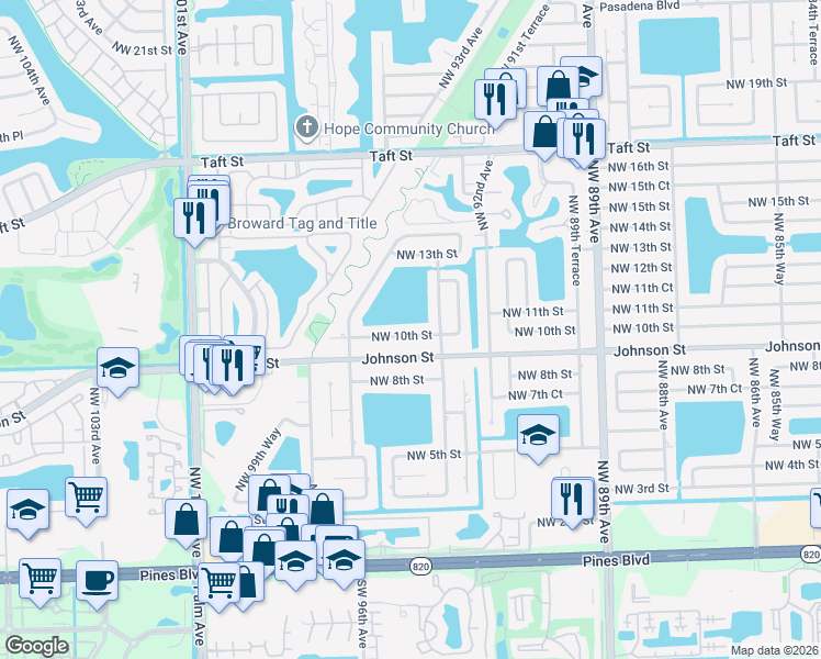 map of restaurants, bars, coffee shops, grocery stores, and more near 9411 Johnson Street in Pembroke Pines