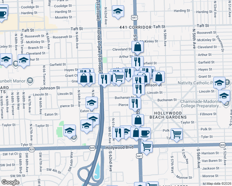 map of restaurants, bars, coffee shops, grocery stores, and more near 6128 Buchanan Street in Hollywood