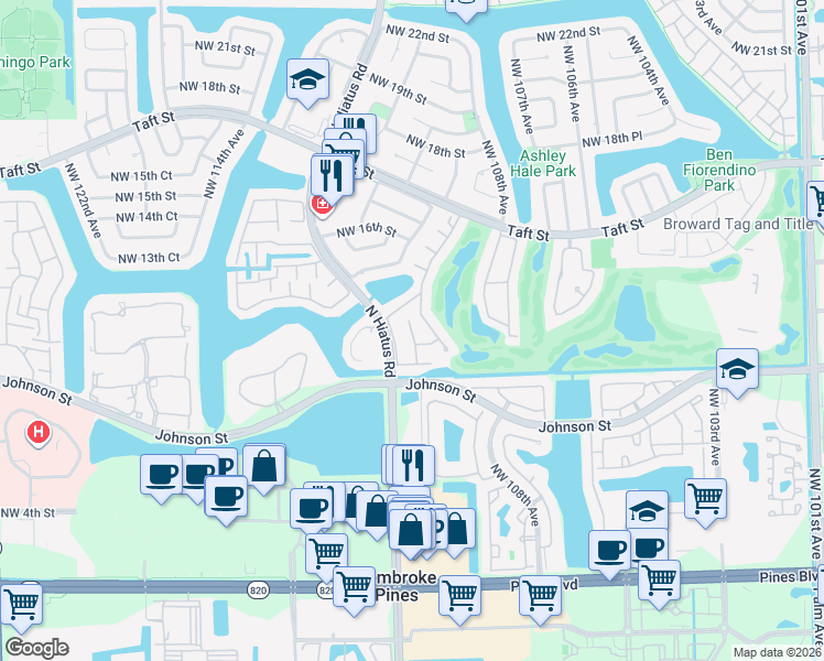 map of restaurants, bars, coffee shops, grocery stores, and more near 10910 Clubhouse Road in Pembroke Pines