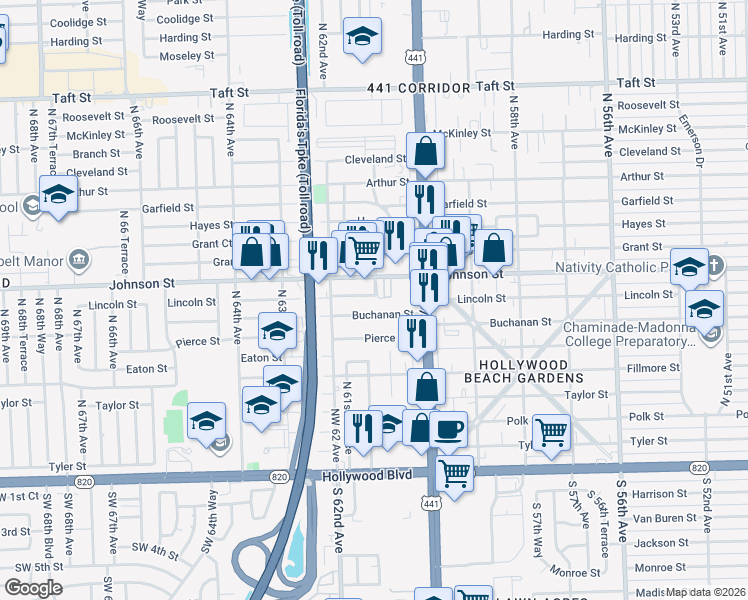 map of restaurants, bars, coffee shops, grocery stores, and more near 6038 Buchanan Street in Hollywood