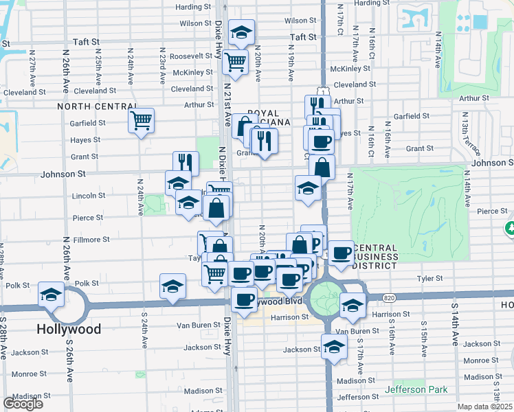 map of restaurants, bars, coffee shops, grocery stores, and more near 718 North 20th Court in Hollywood