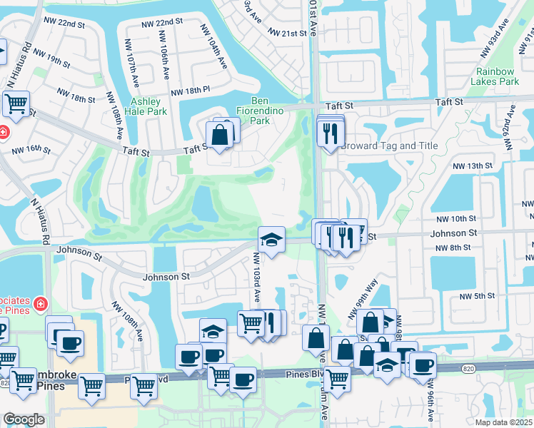 map of restaurants, bars, coffee shops, grocery stores, and more near 1100 Saint Charles Place in Pembroke Pines