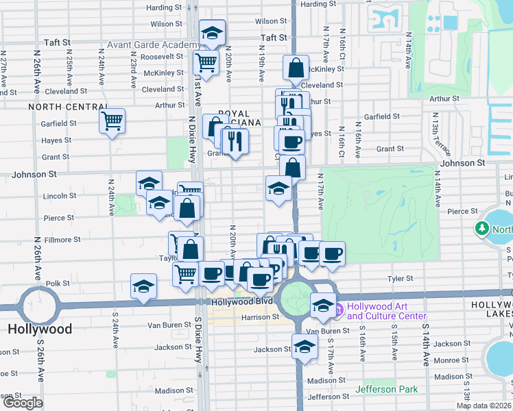 map of restaurants, bars, coffee shops, grocery stores, and more near 856 North 19th Avenue in Hollywood