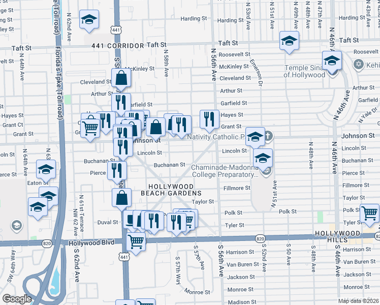 map of restaurants, bars, coffee shops, grocery stores, and more near 5708 Lincoln Street in Hollywood
