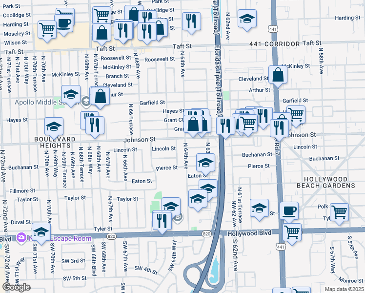 map of restaurants, bars, coffee shops, grocery stores, and more near in Hollywood