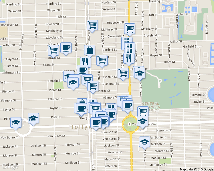 map of restaurants, bars, coffee shops, grocery stores, and more near 1943 Buchanan Street in Hollywood